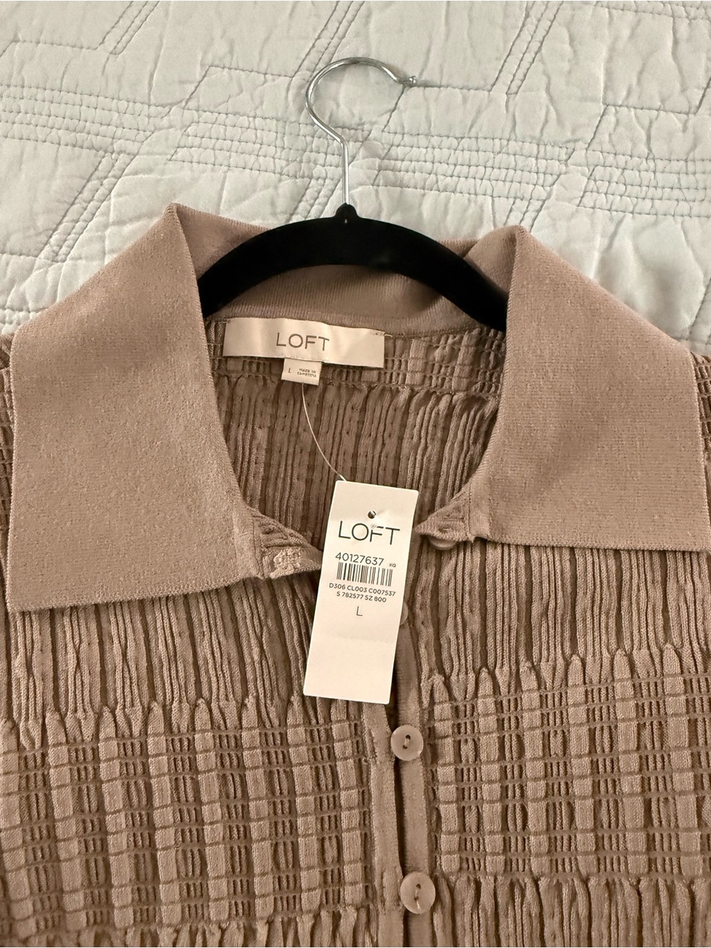LOFT Taupe Smocked Button-Down Shirt